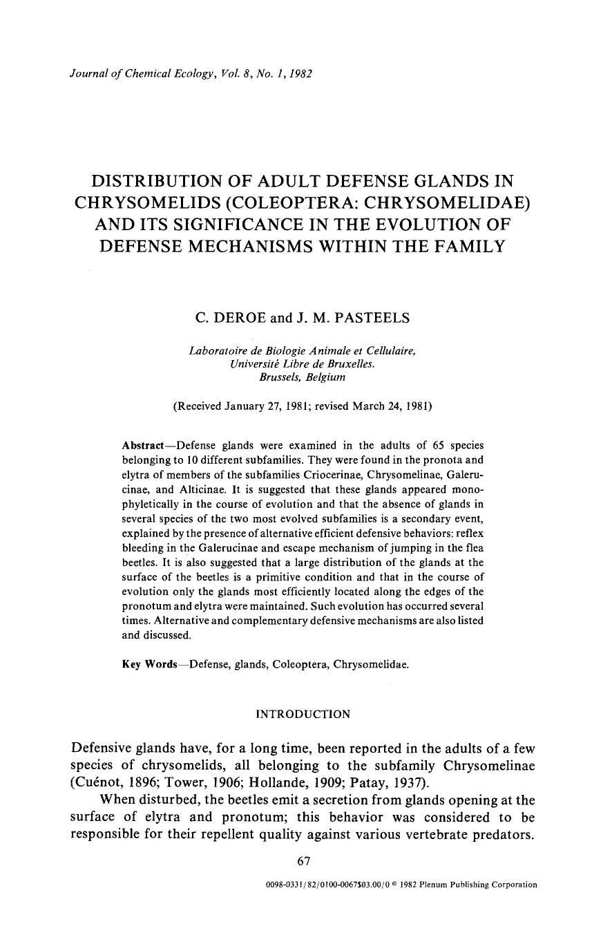 Distribution of adult defense glands in chrysomelids (Coleoptera: Chrysomelidae) and its significance in the evolution of defense mechanisms within the family by Unknown