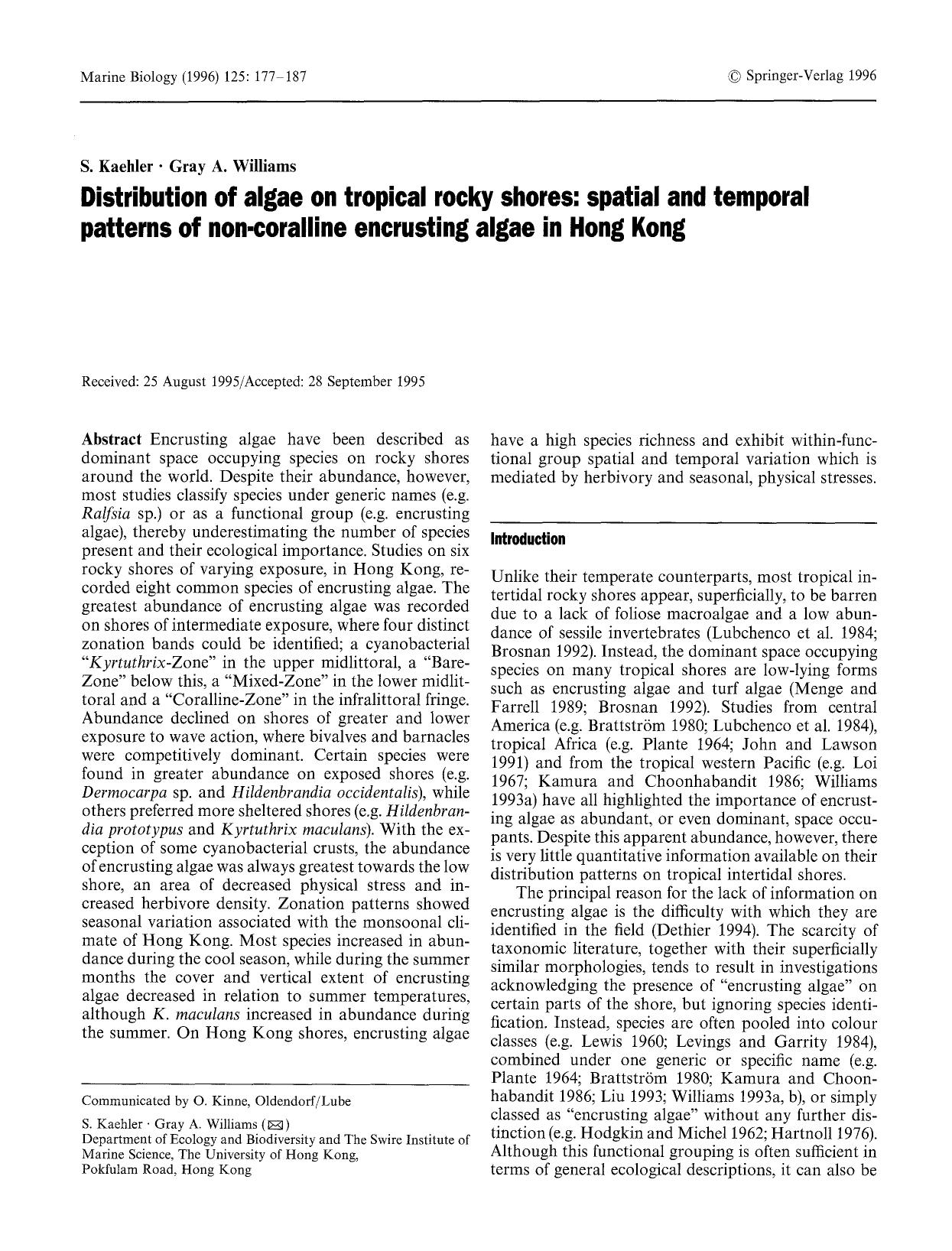 Distribution of algae on tropical rocky shores: spatial and temporal patterns of non-coralline encrusting algae in Hong Kong by Unknown