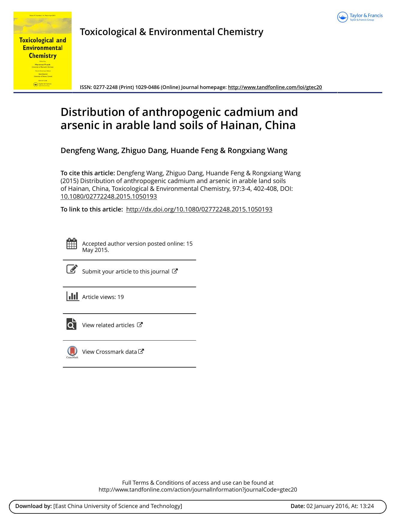 Distribution of anthropogenic cadmium and arsenic in arable land soils of Hainan, China by Dengfeng Wang