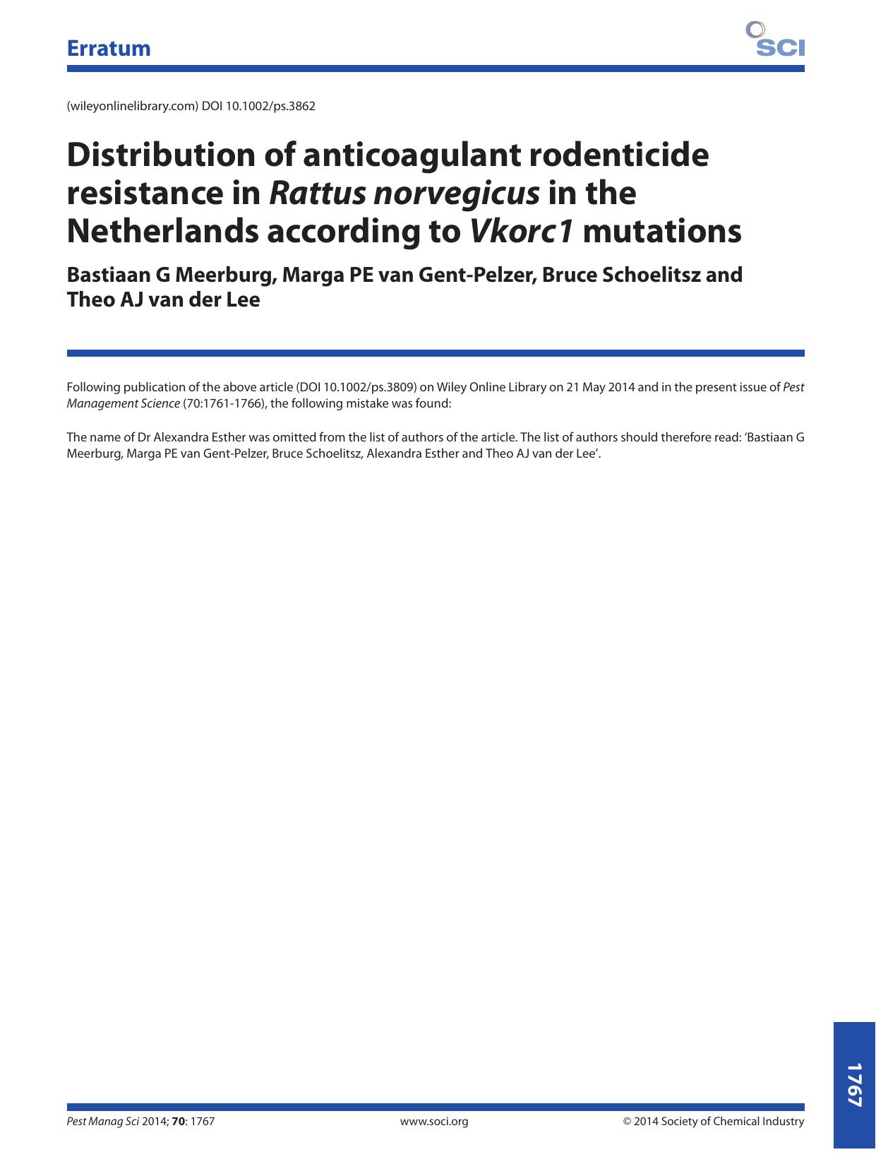 Distribution of anticoagulant rodenticide resistance in Rattus norvegicus in the Netherlands according to Vkorc1 mutations by Unknown