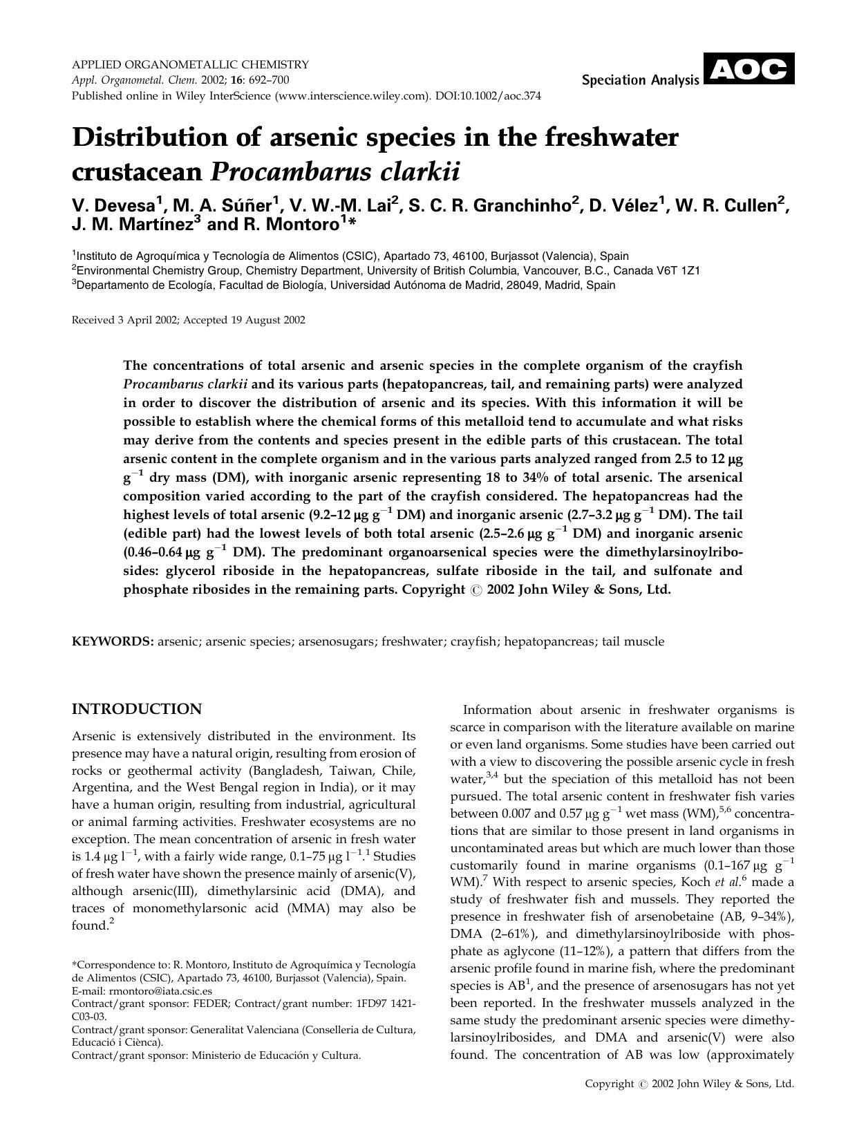 Distribution of arsenic species in the freshwater crustacean Procambarus clarkii by Unknown