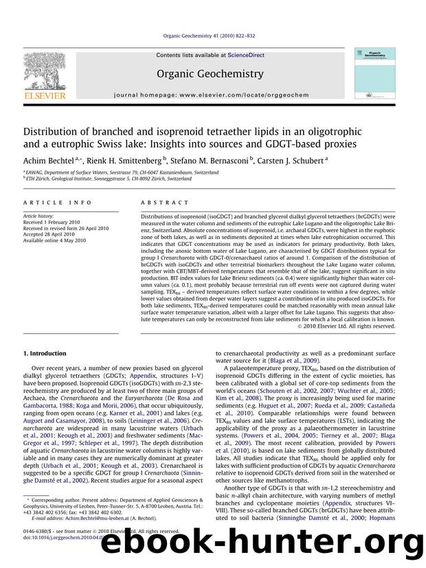 Distribution of branched and isoprenoid tetraether lipids in an oligotrophic and a eutrophic Swiss lake: Insights into sources and GDGT-based proxies by Achim Bechtel & Rienk H. Smittenberg & Stefano M. Bernasconi & Carsten J. Schubert