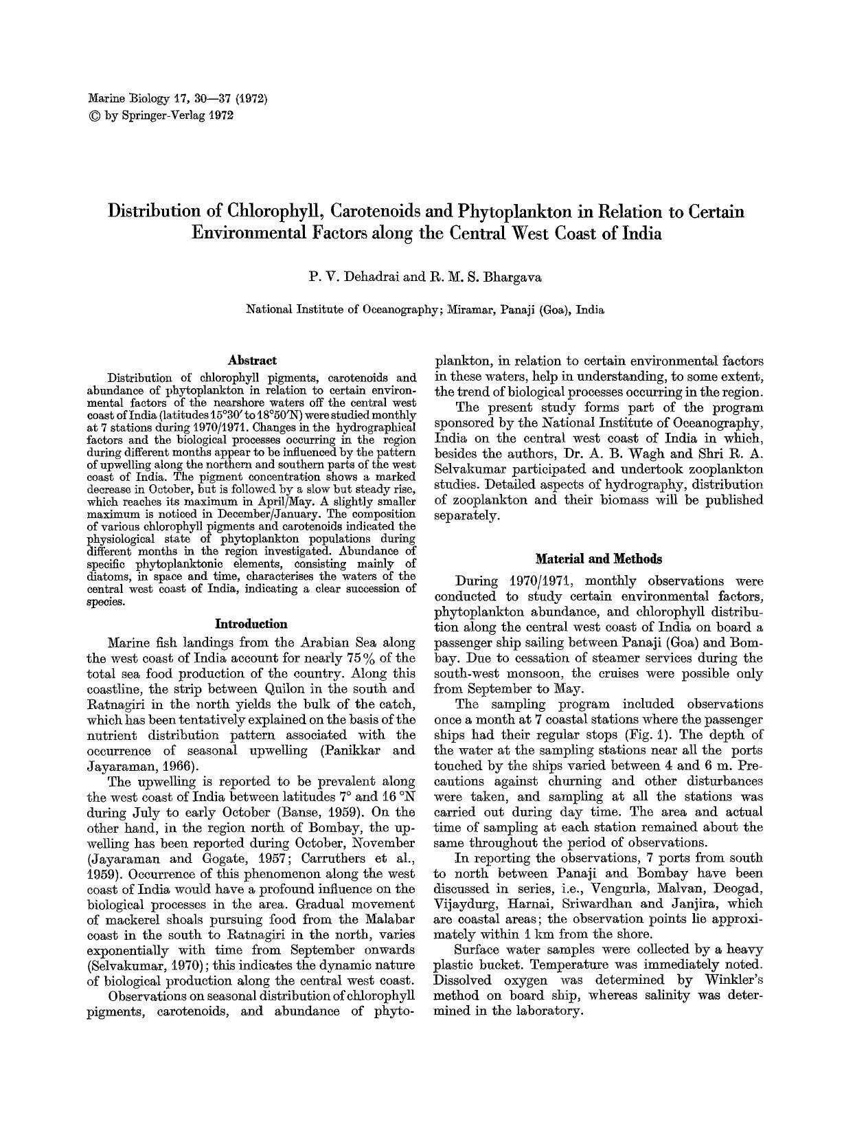 Distribution of chlorophyll, carotenoids and phytoplankton in relation to certain environmental factors along the central west coast of India by Unknown