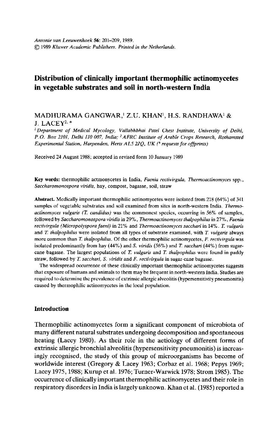 Distribution of clinically important thermophilic actinomycetes in vegetable substrates and soil in north-western India by Unknown