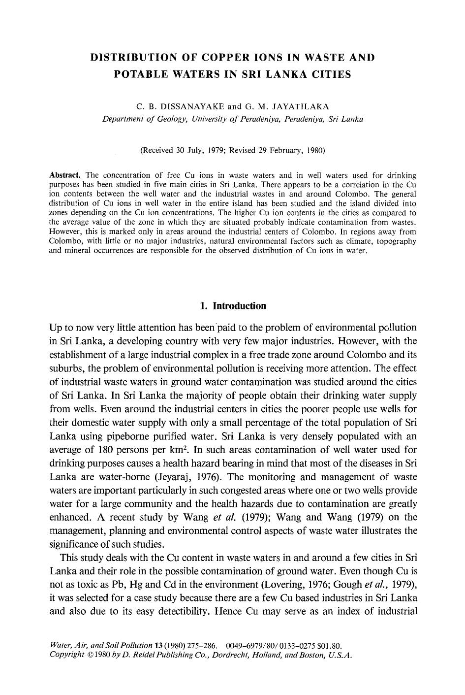 Distribution of copper ions in waste and potable waters in Sri Lanka Cities by Unknown