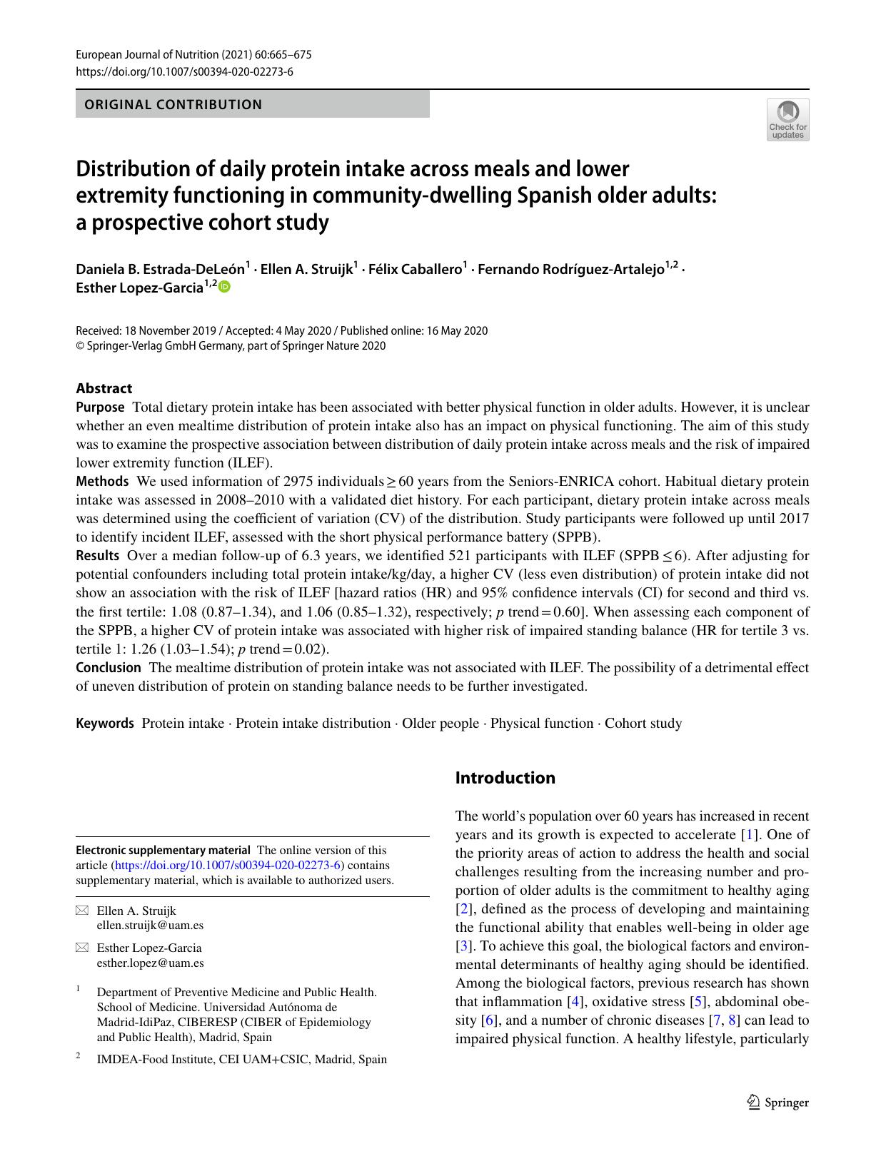 Distribution of daily protein intake across meals and lower extremity functioning in community-dwelling Spanish older adults: a prospective cohort study by unknow