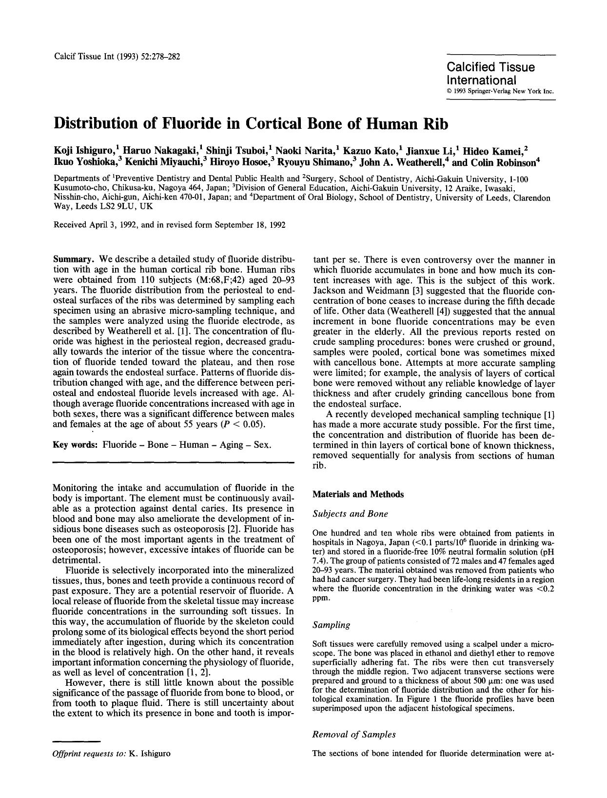 Distribution of fluoride in cortical bone of human rib by Unknown