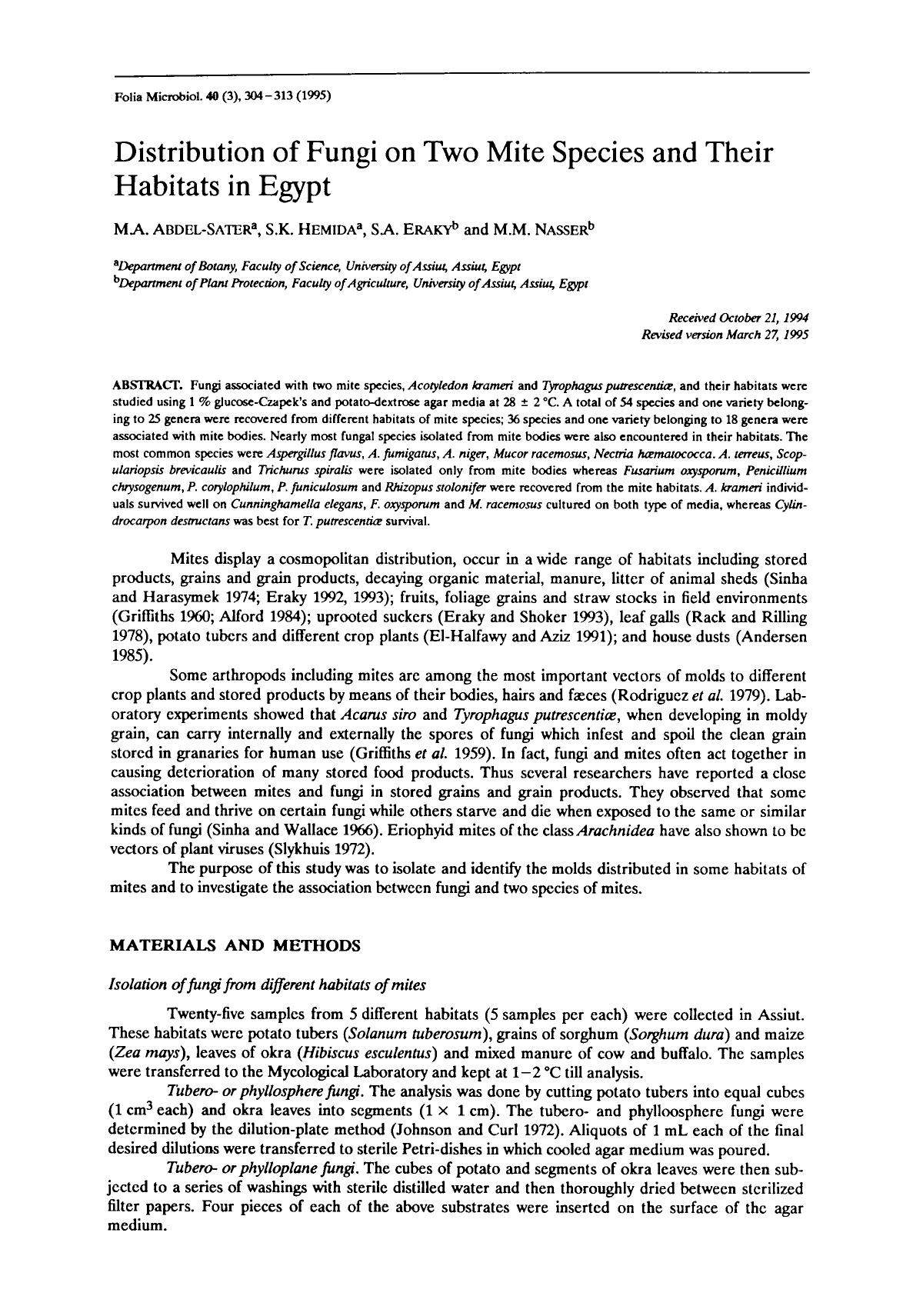 Distribution of fungi on two mite species and their habitats in Egypt by Unknown