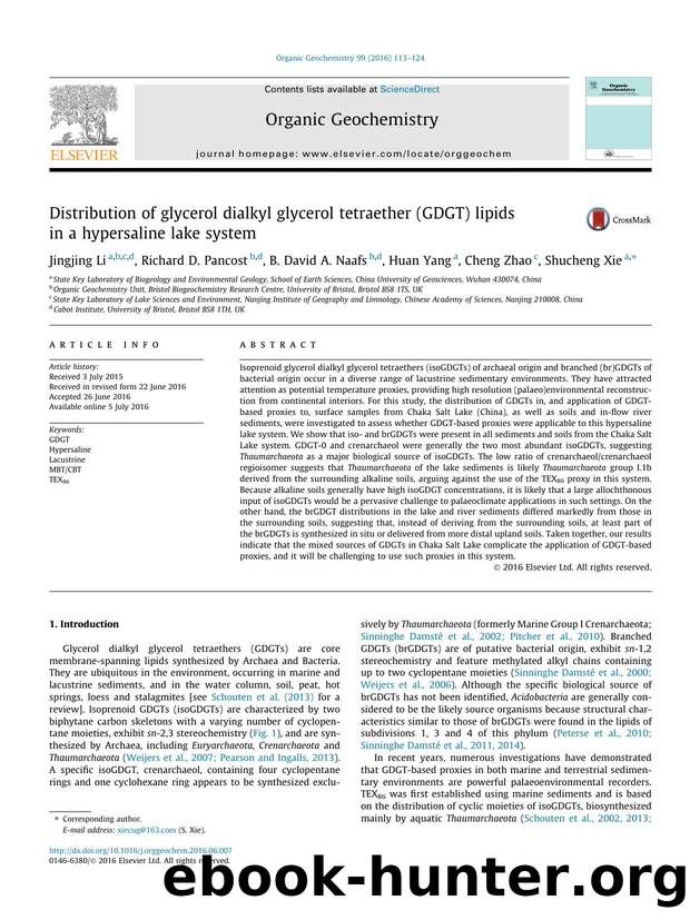 Distribution of glycerol dialkyl glycerol tetraether (GDGT) lipids in a hypersaline lake system by Jingjing Li & Richard D. Pancost & B. David A. Naafs & Huan Yang & Cheng Zhao & Shucheng Xie
