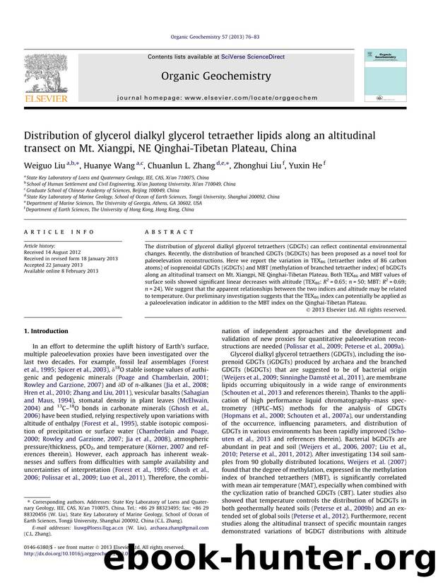 Distribution of glycerol dialkyl glycerol tetraether lipids along an altitudinal transect on Mt. Xiangpi, NE Qinghai-Tibetan Plateau, China by Weiguo Liu & Huanye Wang & Chuanlun L. Zhang & Zhonghui Liu & Yuxin He