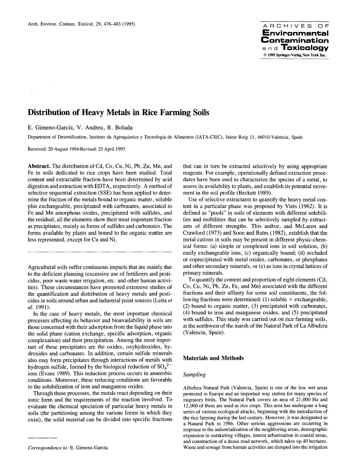 Distribution of heavy metals in rice farming soils by Unknown