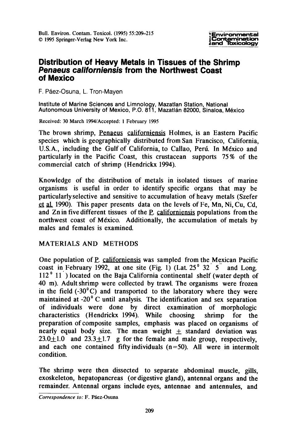 Distribution of heavy metals in tissues of the shrimp <Emphasis Type="Italic">Penaeus californiensis<Emphasis> from the northwest coast of Mexico by Unknown