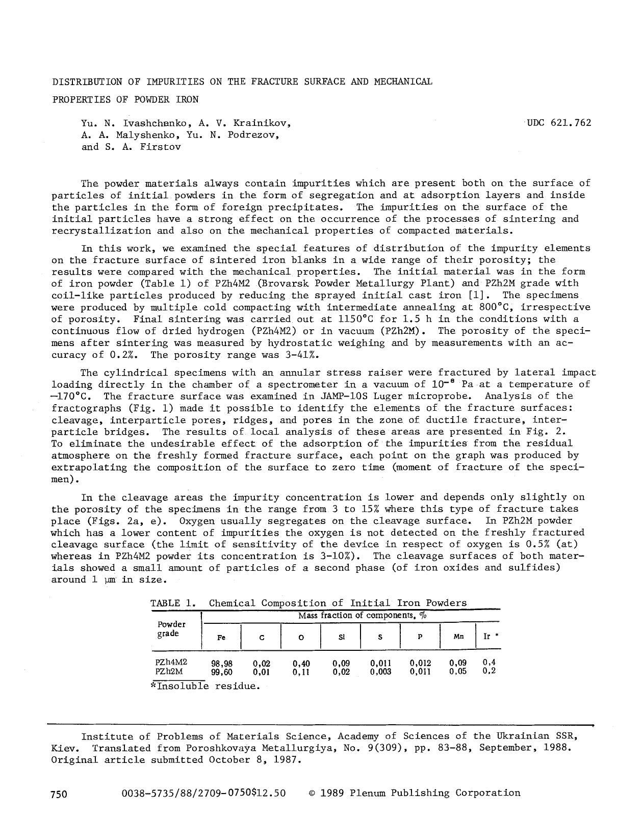Distribution of impurities on the fracture surface and mechanical properties of powder iron by Unknown