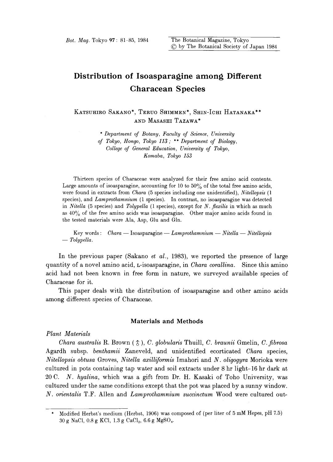 Distribution of isoasparagine among different characean species by Unknown