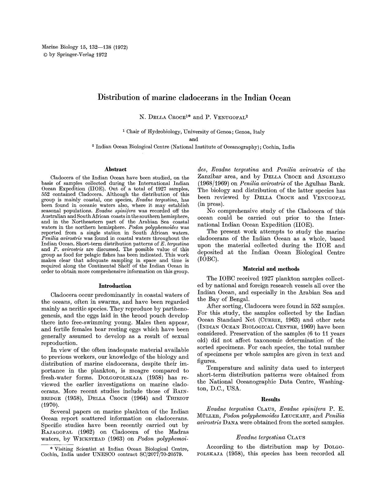 Distribution of marine cladocerans in the Indian Ocean by Unknown