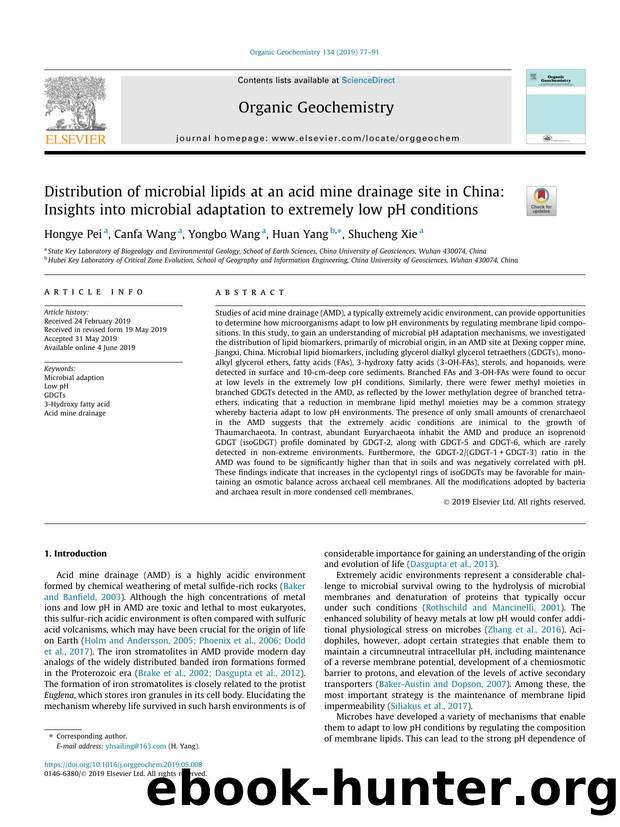 Distribution of microbial lipids at an acid mine drainage site in China: Insights into microbial adaptation to extremely low pH conditions by Hongye Pei & Canfa Wang & Yongbo Wang & Huan Yang & Shucheng Xie