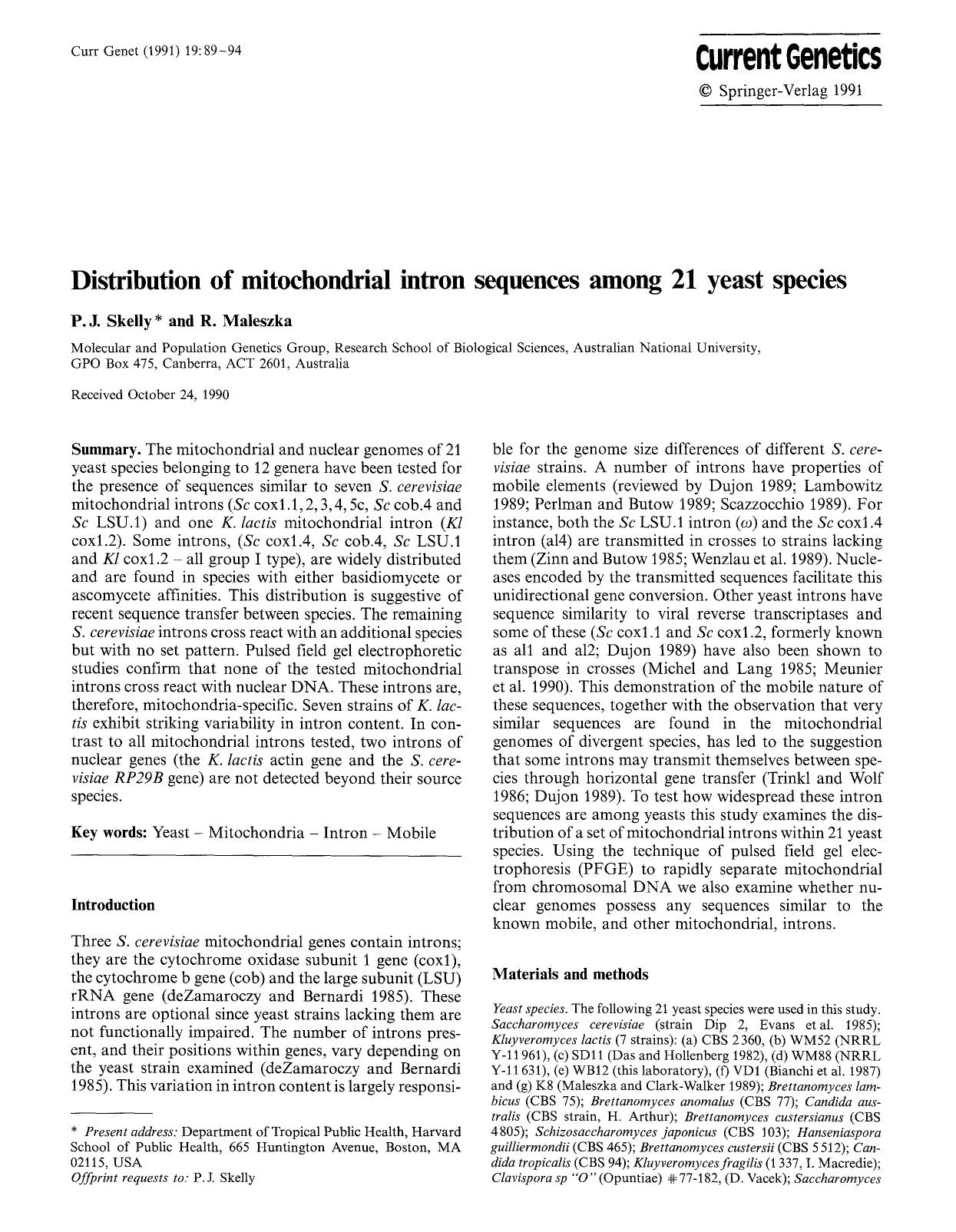Distribution of mitochondrial intron sequences among 21 yeast species by Unknown
