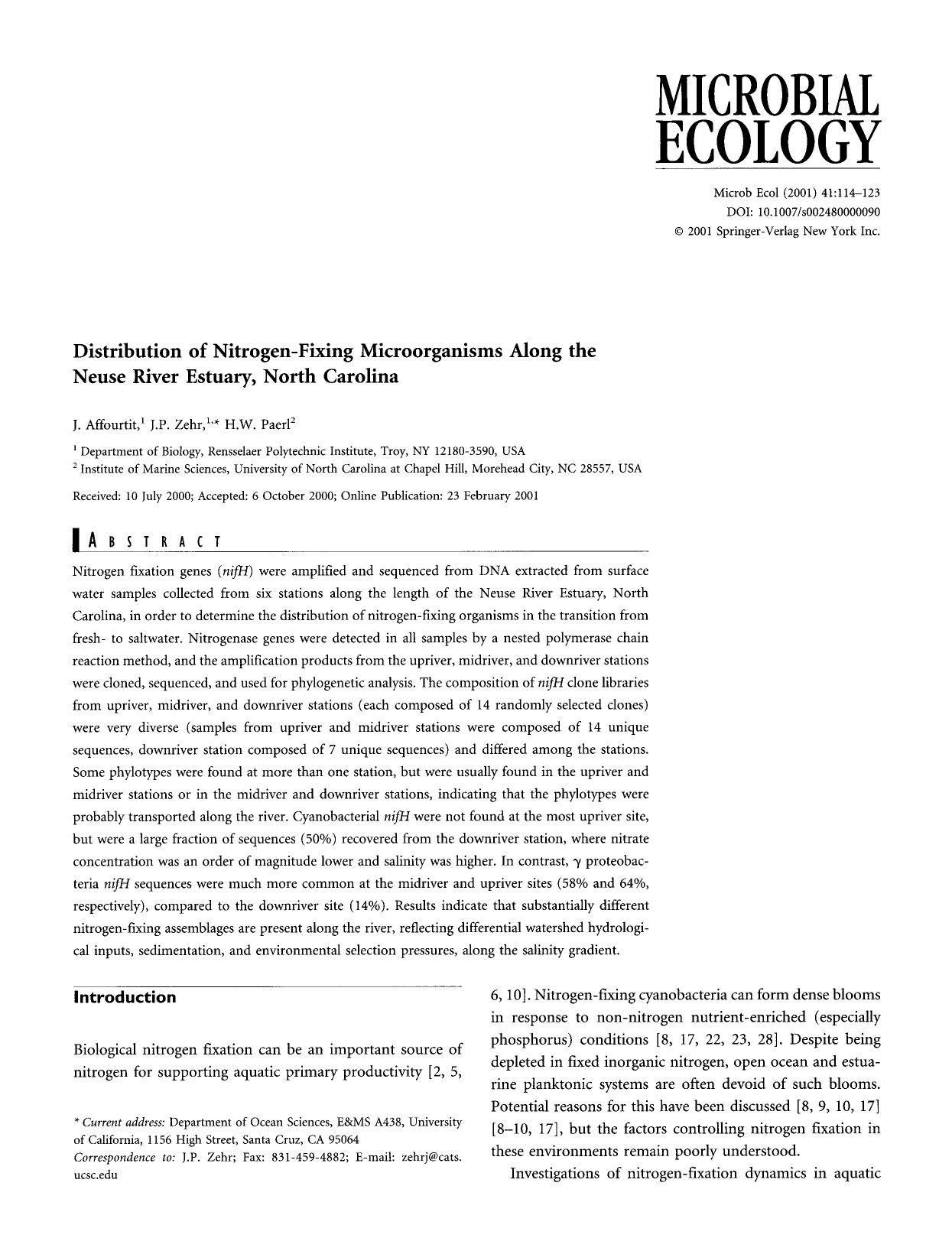 Distribution of nitrogen-fixing microorganisms along the Neuse River Estuary, North Carolina by Unknown