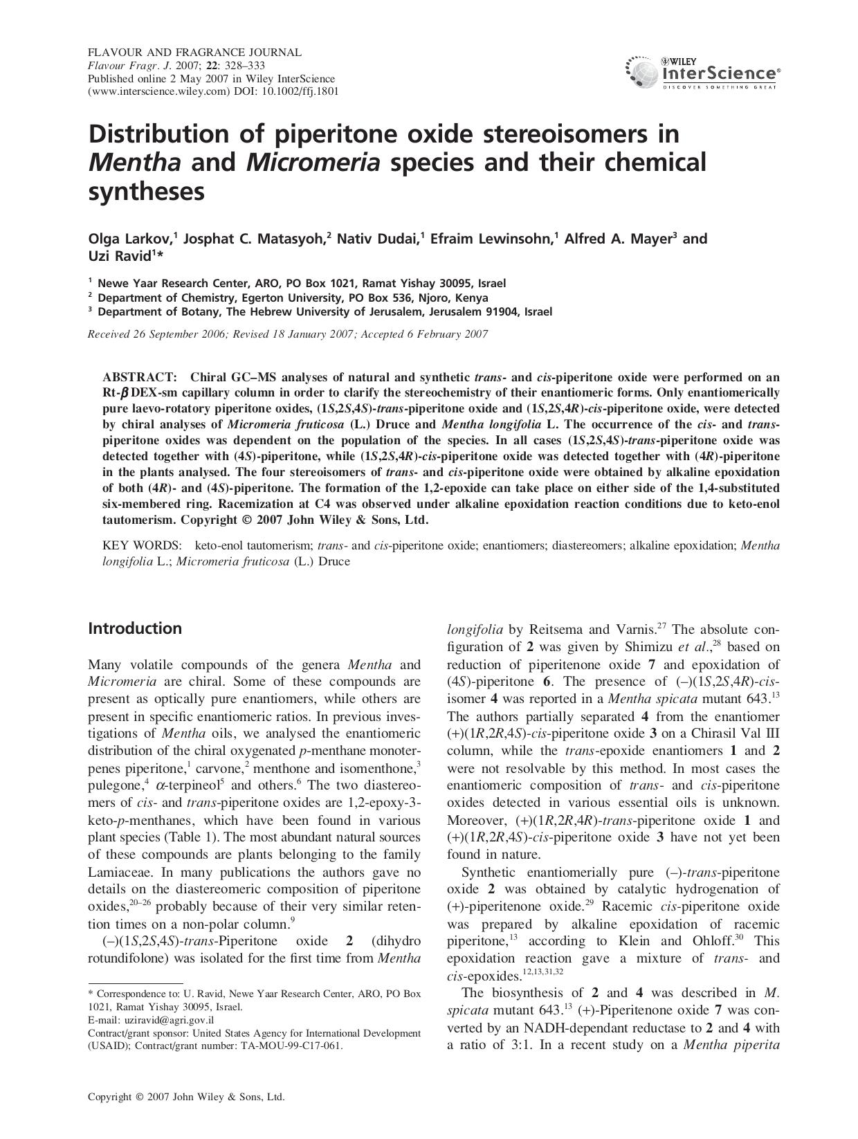 Distribution of piperitone oxide stereoisomers in Mentha and Micromeria species and their chemical syntheses by Unknown