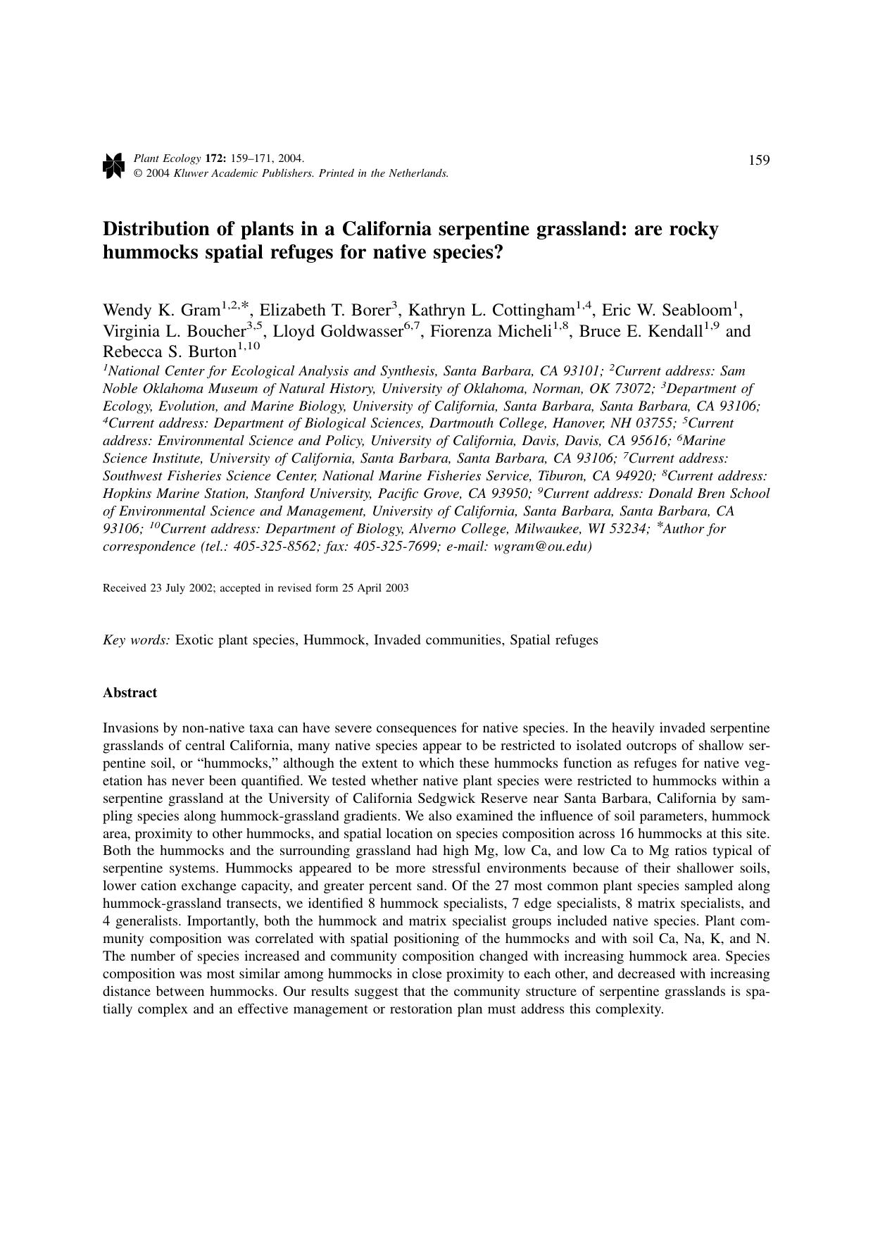 Distribution of plants in a California serpentine grassland: are rocky hummocks spatial refuges for native species? by Unknown