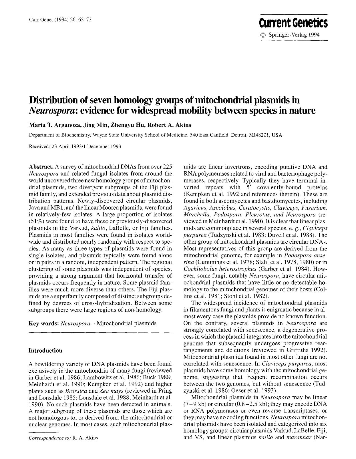 Distribution of seven homology groups of mitochondrial plasmids in <Emphasis Type="Italic">Neurospora<Emphasis>: evidence for widespread mobility between species in nature by Unknown