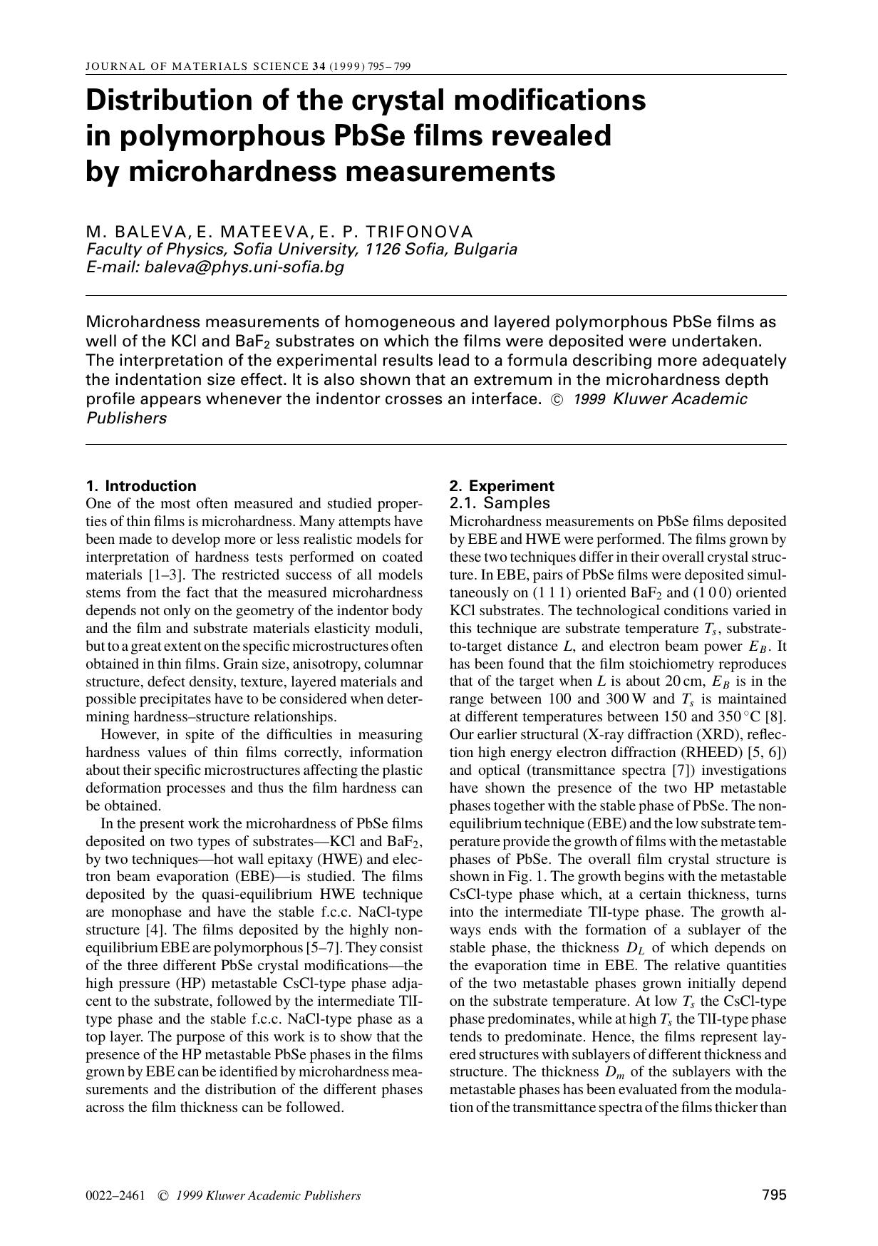 Distribution of the crystal modifications in polymorphous PbSe films revealed by microhardness measurements by Unknown