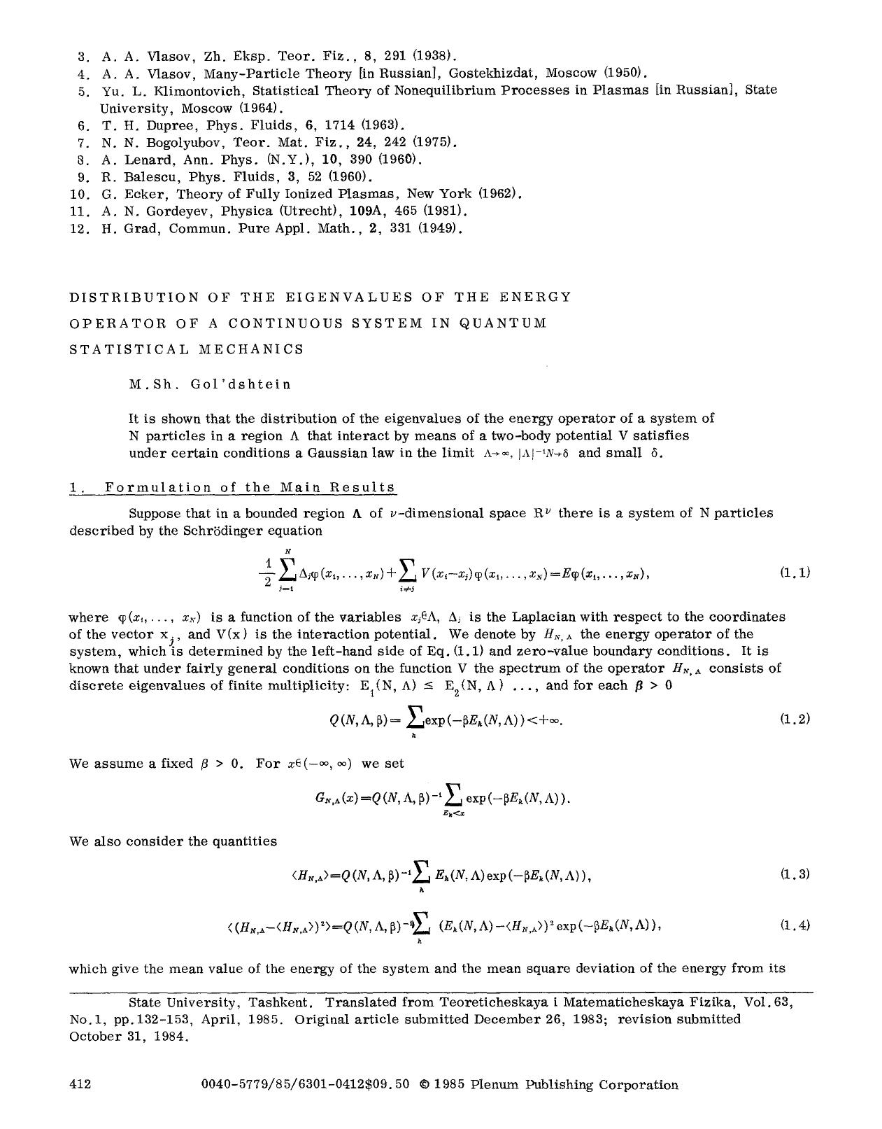 Distribution of the eigenvalues of the energy operator of a continuous system in quantum statistical mechanics by Unknown