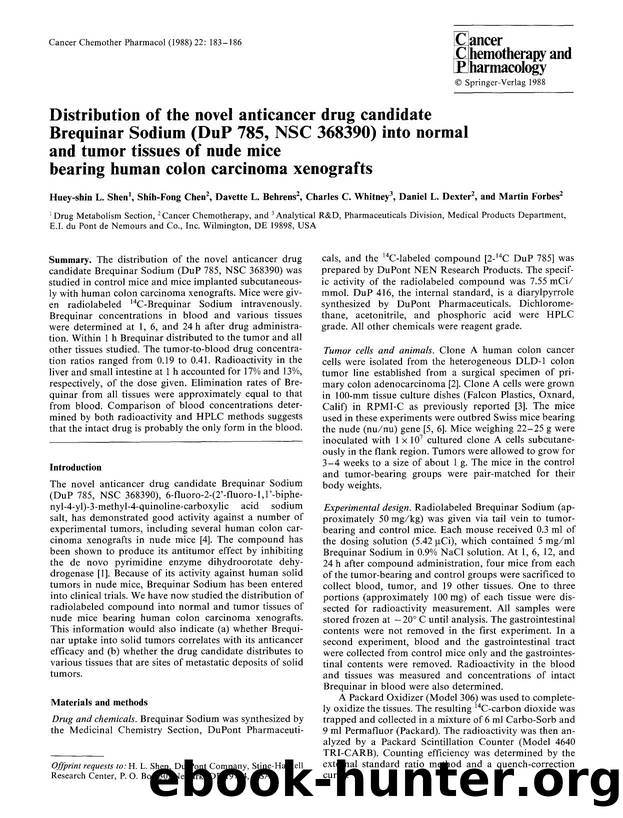 Distribution of the novel anticancer drug candidate brequinar sodium (DuP 785, NSC 368390) into normal and tumor tissues of nude mice bearing human colon carcinoma xenografts by Unknown