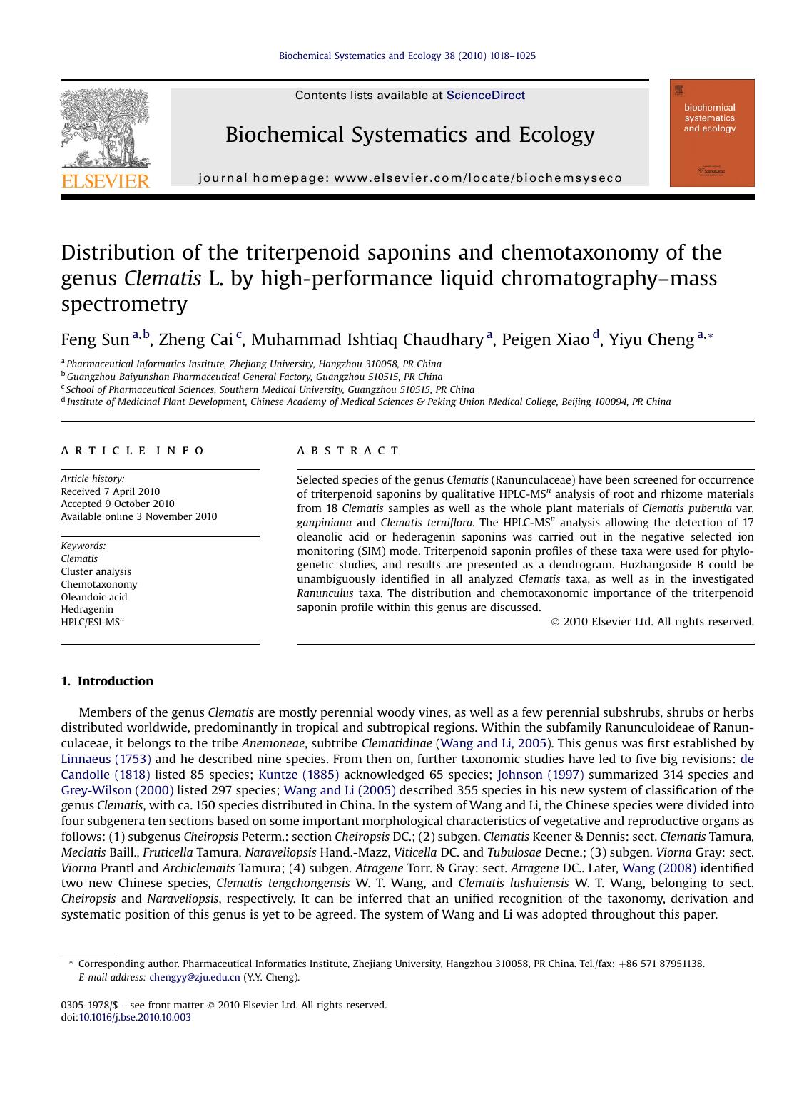 Distribution of the triterpenoid saponins and chemotaxonomy of the genus Clematis L. by high-performance liquid chromatography-mass spectrometry by Feng Sun & Zheng Cai & Muhammad Ishtiaq Chaudhary & Peigen Xiao & Yiyu Cheng