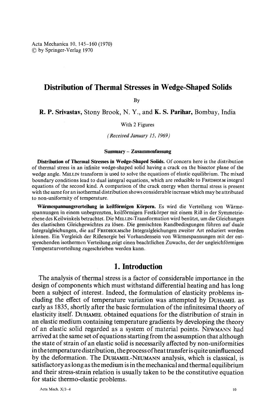 Distribution of thermal stresses in wedge-shaped solids by Unknown
