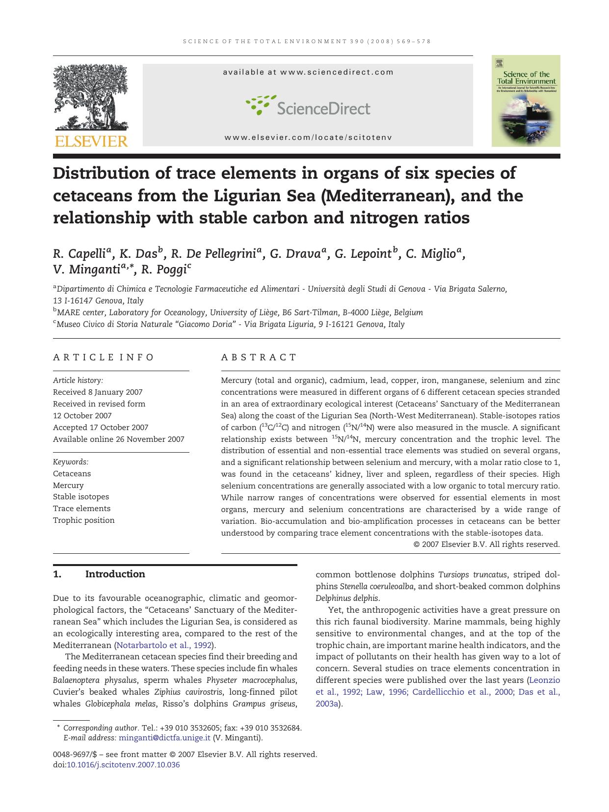 Distribution of trace elements in organs of six species of cetaceans from the Ligurian Sea (Mediterranean), and the relationship with stable carbon and nitrogen ratios by Capelli R. Das K. et al