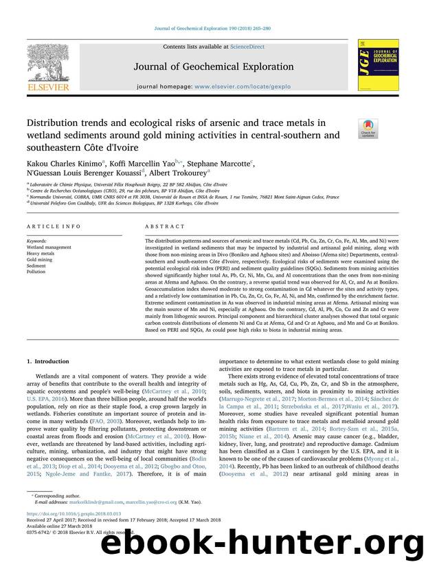 Distribution trends and ecological risks of arsenic and trace metals in wetland sediments around gold mining activities in central-southern and southeastern CÃ´te d'Ivoire by Kakou Charles Kinimo