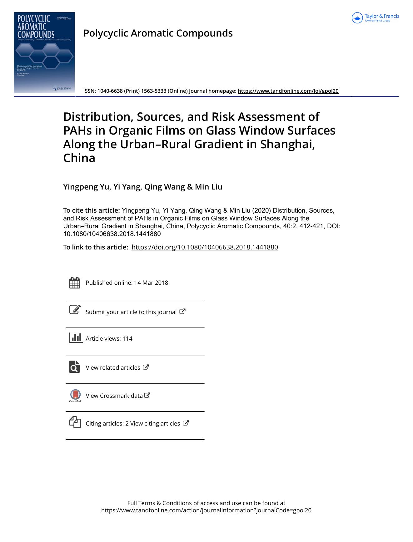 Distribution, Sources, and Risk Assessment of PAHs in Organic Films on Glass Window Surfaces Along the Urban--Rural Gradient in Shanghai, China by Yingpeng Yu & Yi Yang & Qing Wang & Min Liu