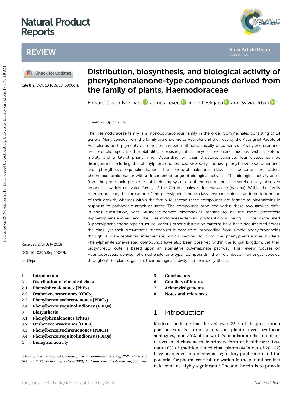 Distribution, biosynthesis, and biological activity of phenylphenalenone-type compounds derived from the family of plants, Haemodoraceae by Edward Owen Norman & James Lever & Robert Brkljača & Sylvia Urban