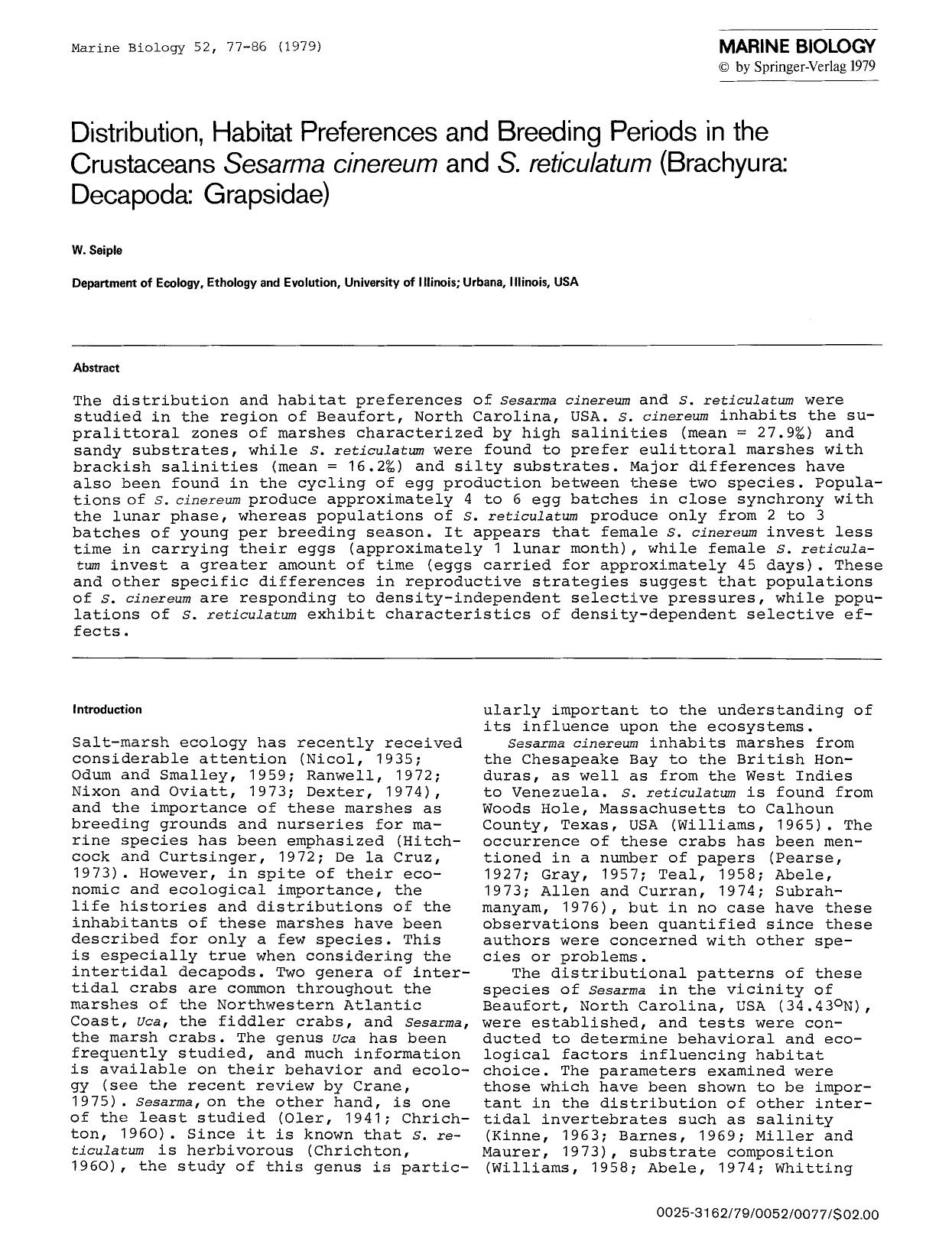 Distribution, habitat preferences and breeding periods in the crustaceans <Emphasis Type="Italic">Sesarma cinereum<Emphasis> and <Emphasis Type="Italic">S. reticulatum<Emphasis> (B by Unknown