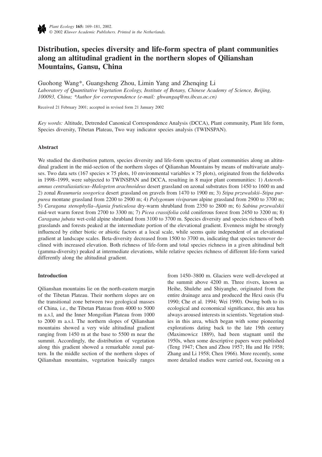 Distribution, species diversity and life-form spectra of plant communities along an altitudinal gradient in the northern slopes of Qilianshan Mountains, Gansu, China by Unknown