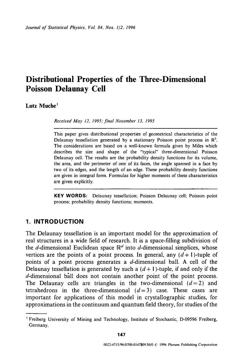 Distributional properties of the three-dimensional Poisson Delaunay cell by Unknown