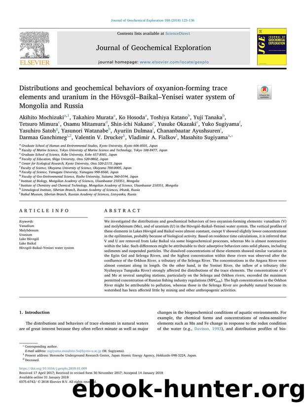 Distributions and geochemical behaviors of oxyanion-forming trace elements and uranium in the HÃ¶vsgÃ¶lâBaikalâYenisei water system of Mongolia and Russia by unknow