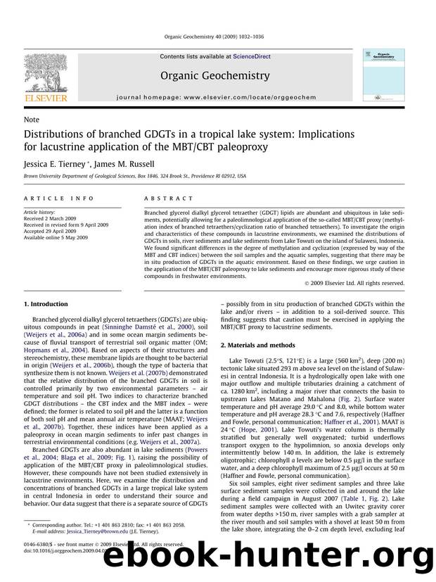 Distributions of branched GDGTs in a tropical lake system: Implications for lacustrine application of the MBTCBT paleoproxy by Jessica E. Tierney; James M. Russell