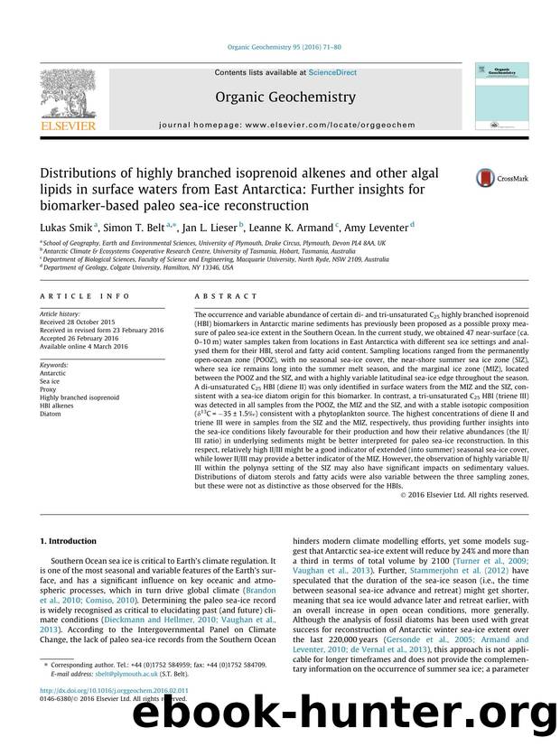 Distributions of highly branched isoprenoid alkenes and other algal lipids in surface waters from East Antarctica: Further insights for biomarker-based paleo sea-ice reconstruction by Lukas Smik & Simon T. Belt & Jan L. Lieser & Leanne K. Armand & Amy Leventer