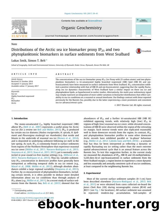 Distributions of the Arctic sea ice biomarker proxy IP25 and two phytoplanktonic biomarkers in surface sediments from West Svalbard by Lukas Smik & Simon T. Belt