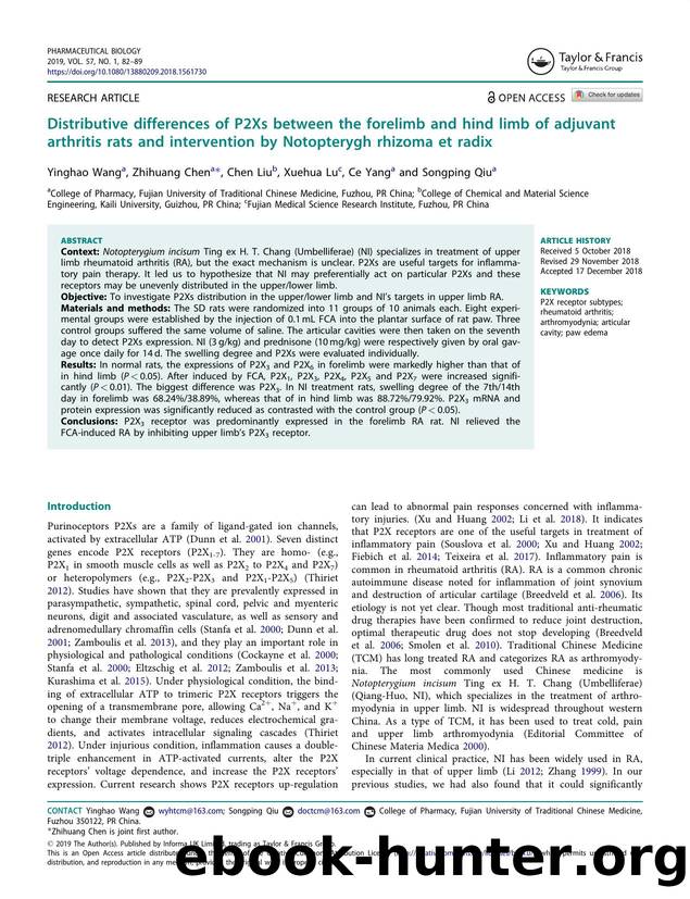 Distributive differences of P2Xs between the forelimb and hind limb of adjuvant arthritis rats and intervention by Notopterygh rhizoma et radix by Wang Yinghao & Chen Zhihuang & Liu Chen & Lu Xuehua & Yang Ce & Qiu Songping