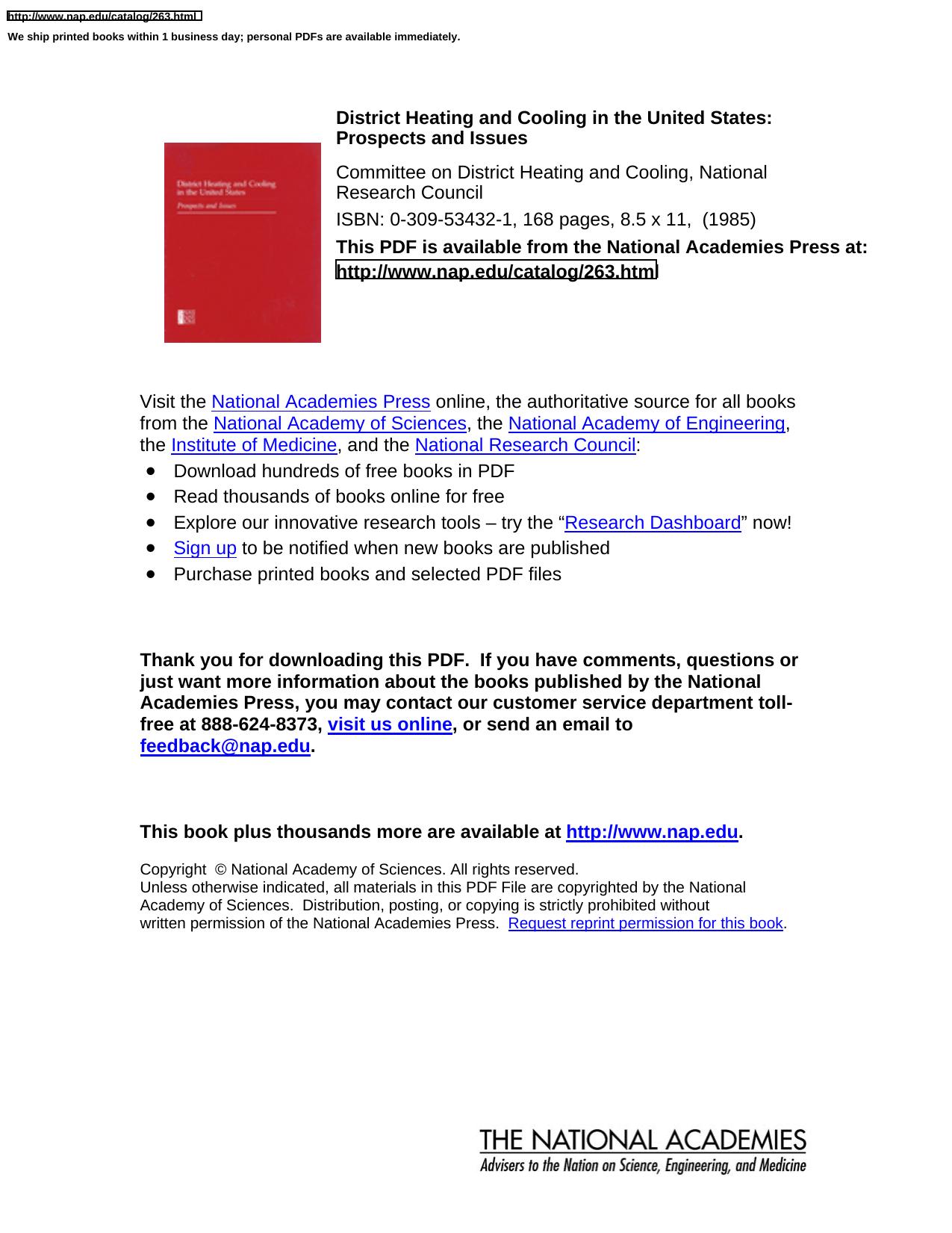 District Heating and Cooling in the United States: Prospects and Issues by Committee on District Heating and Cooling National Research Council