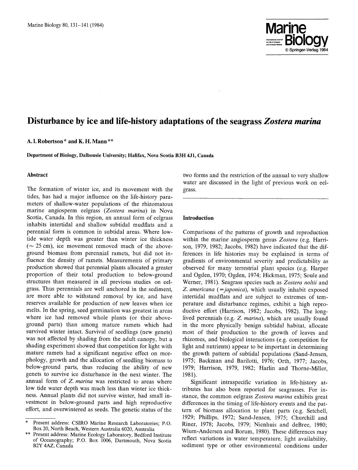Disturbance by ice and life-history adaptations of the seagrass <Emphasis Type="Italic">Zostera marina <Emphasis> by Unknown
