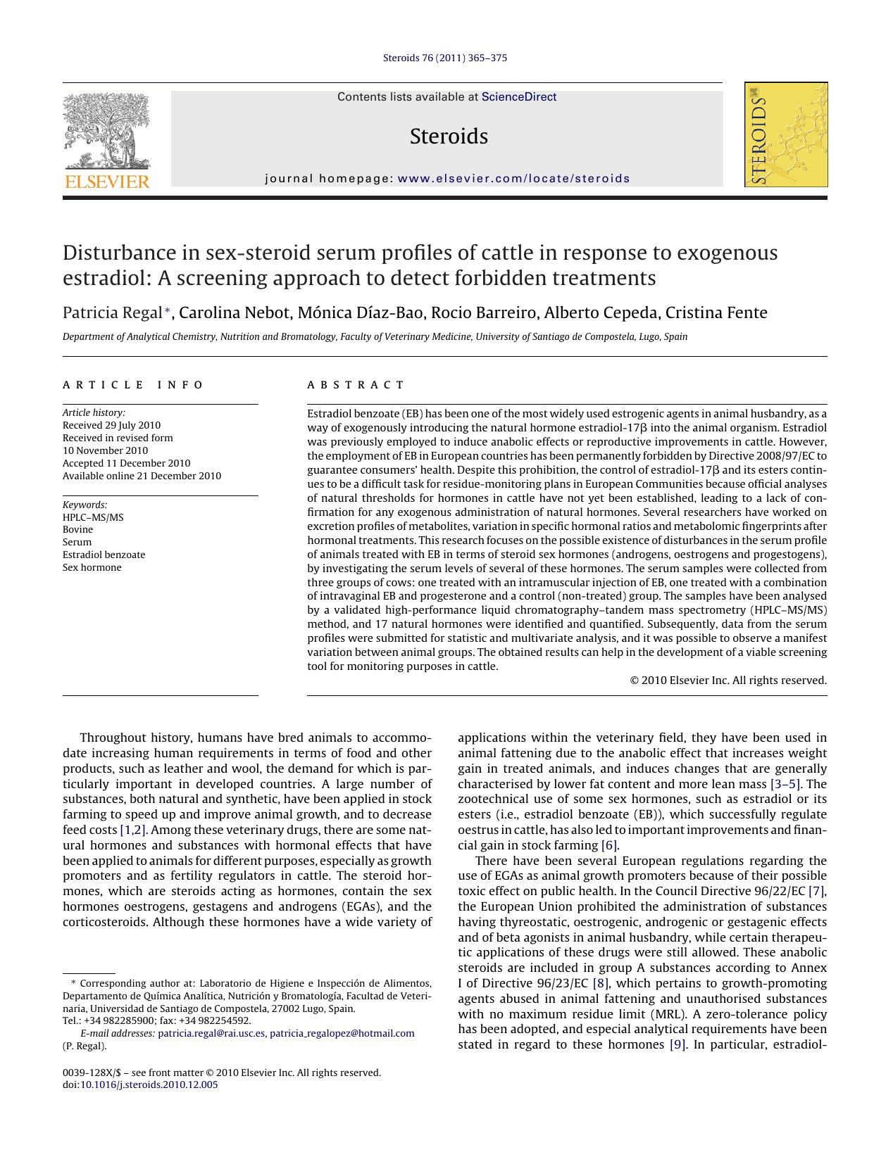 Disturbance in sex-steroid serum profiles of cattle in response to exogenous estradiol: A screening approach to detect forbidden treatments by Patricia Regal