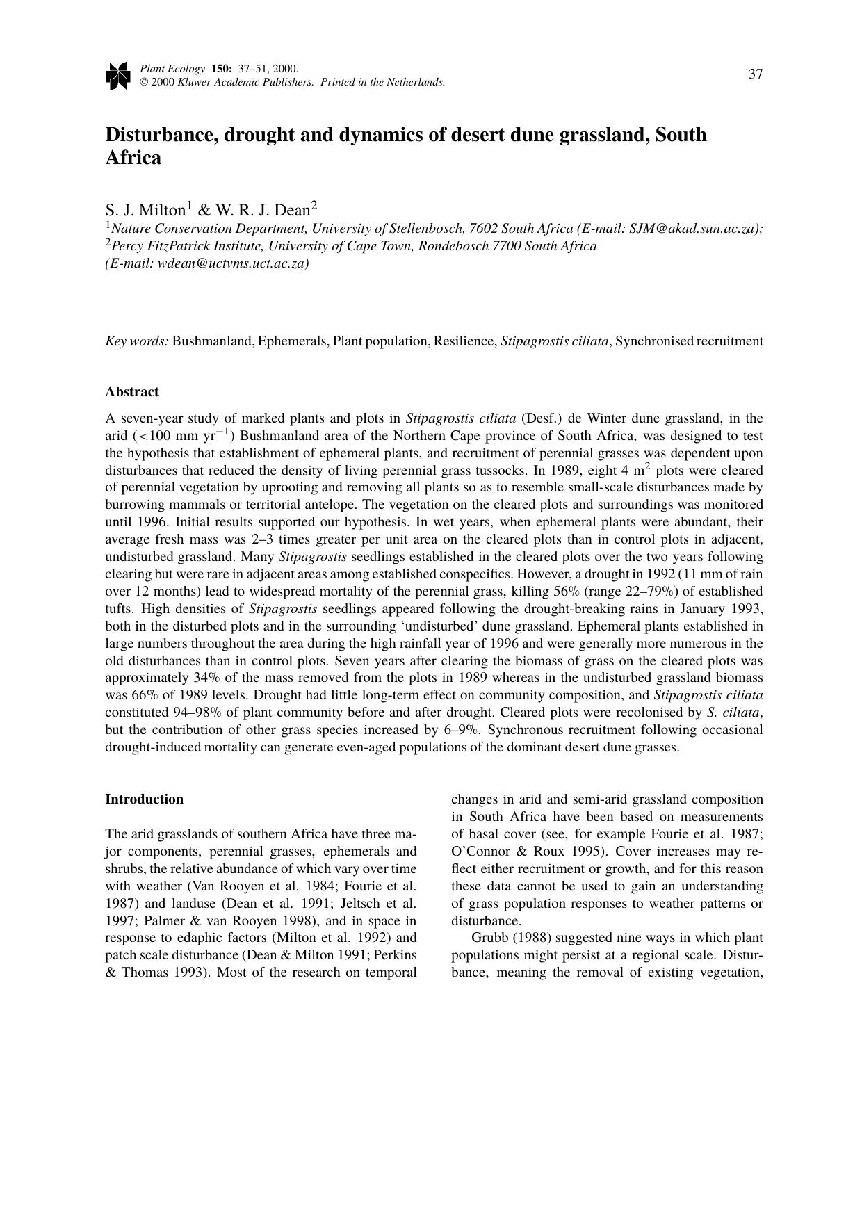 Disturbance, drought and dynamics of desert dune grassland, South Africa by Unknown