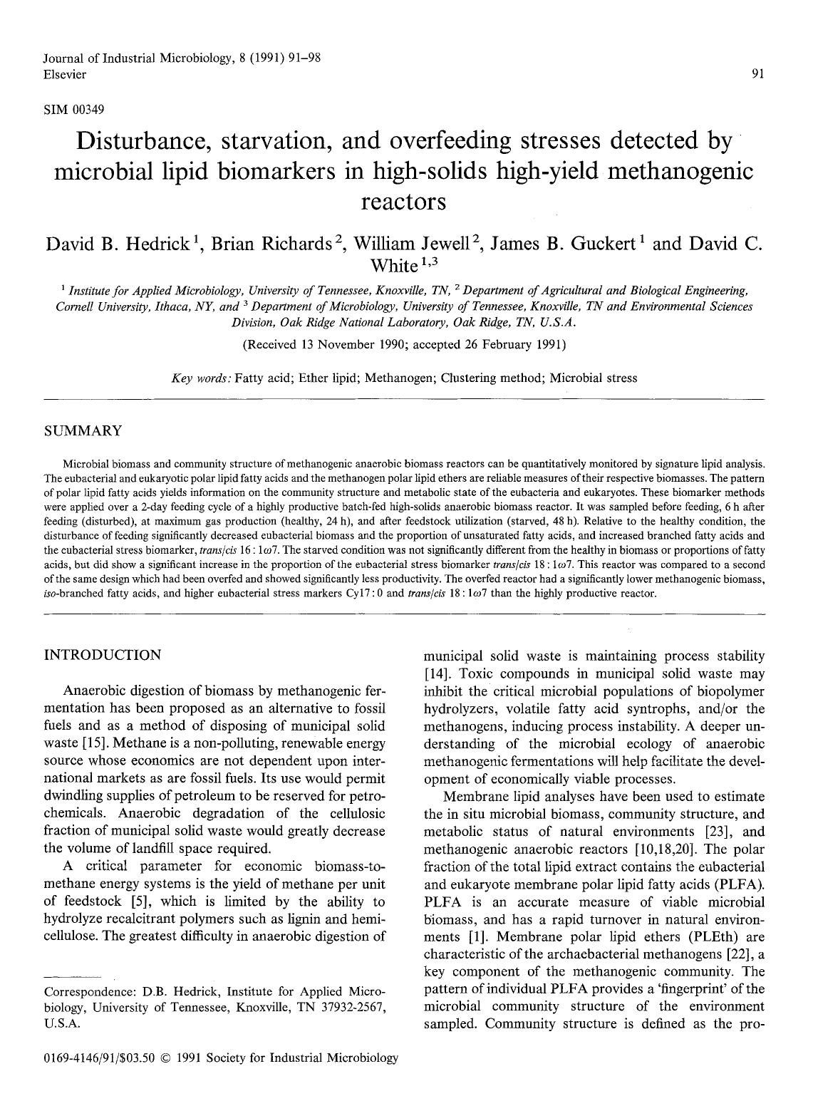 Disturbance, starvation, and overfeeding stresses detected by microbial lipid biomarkers in high-solids high-yield methanogenic reactors by Unknown