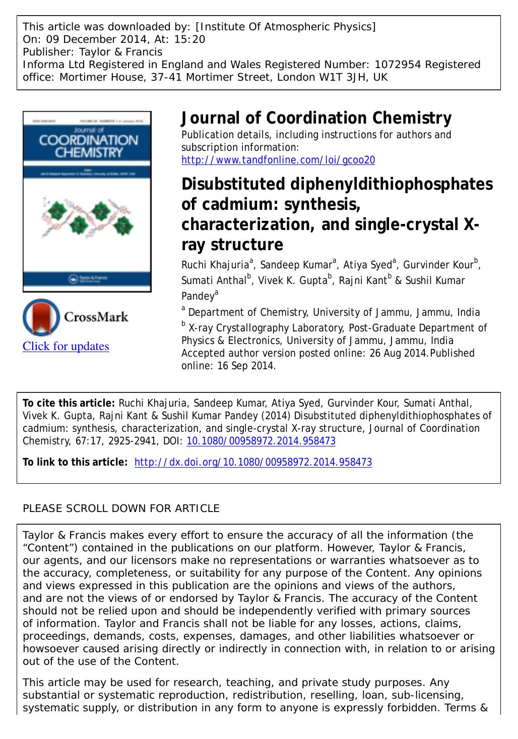 Disubstituted diphenyldithiophosphates of cadmium: synthesis, characterization, and single-crystal X-ray structure by Ruchi Khajuria