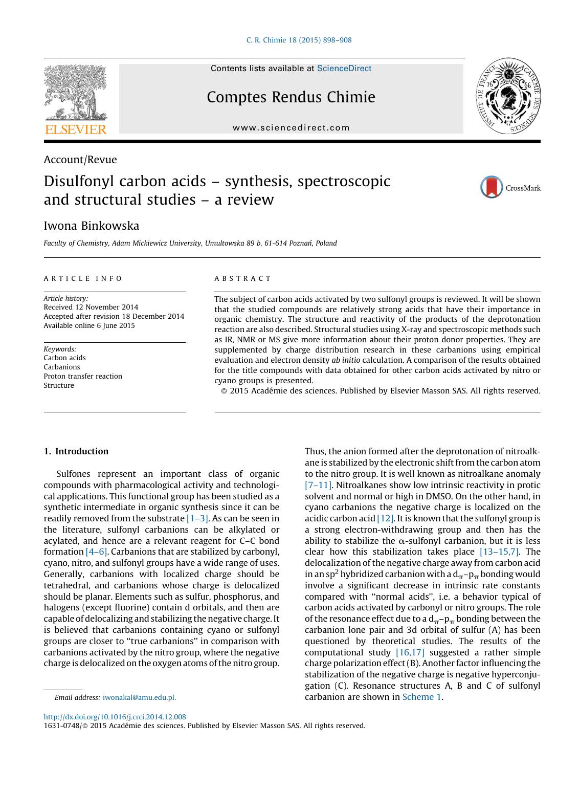 Disulfonyl carbon acidsÂ âÂ synthesis, spectroscopic and structural studiesÂ âÂ a review by Iwona Binkowska