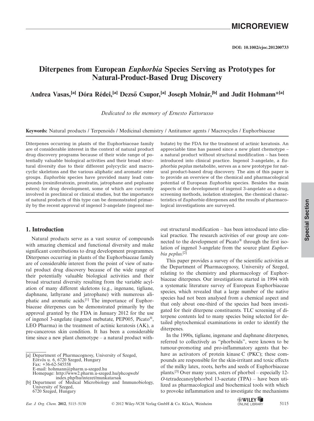 Diterpenes from European Euphorbia Species Serving as Prototypes for NaturalProductBased Drug Discovery by Unknown
